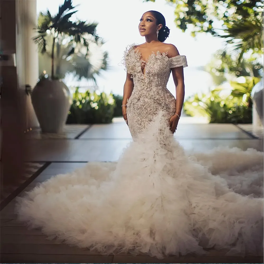 Luxury Pearls Beaded Mermaid Wedding Dresses with Ruffled Tulle Train African Bridal Dress Off the Shoulder Formal Occasion Gown