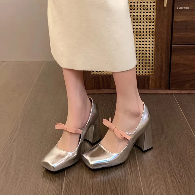 Silver Pink Mary Jane Heels Womens Thick Heel Dress Shoes
