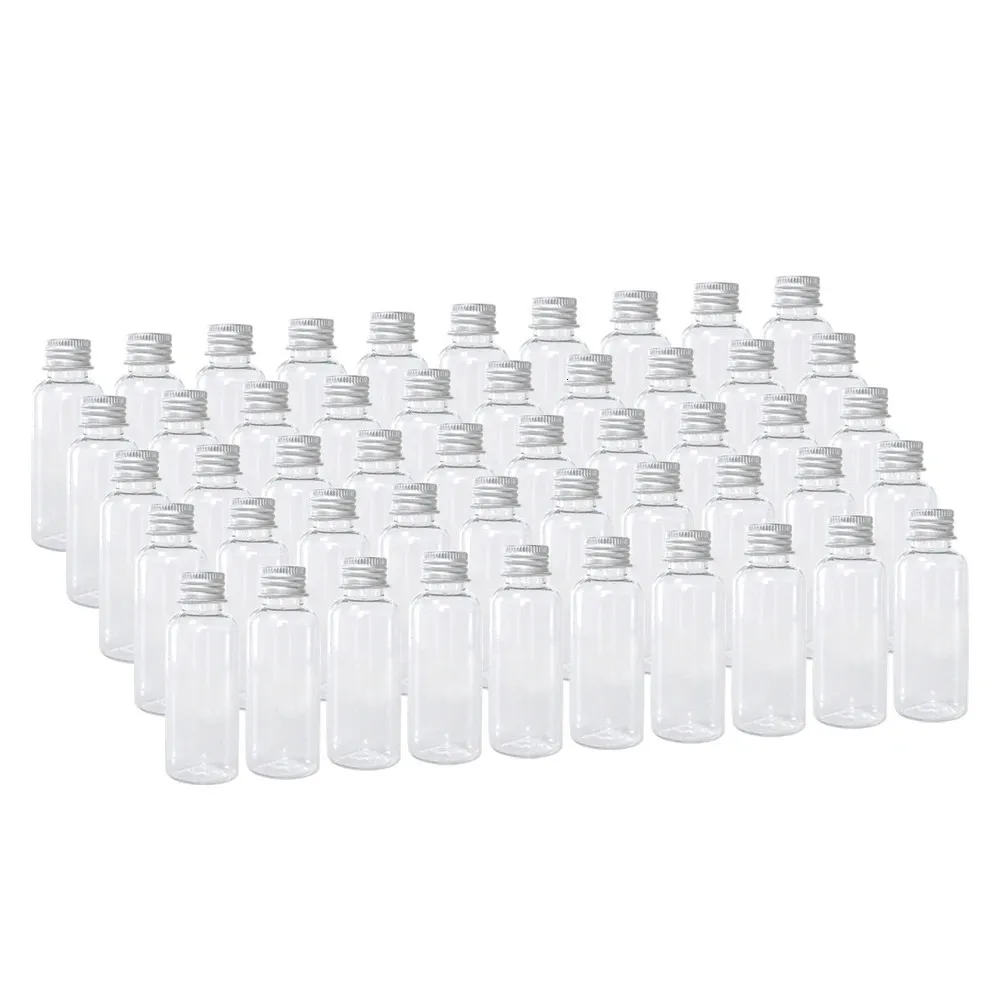 Plastikowa butelka 100pcs z aluminiowym zestawem do śrubowego zestawu podróżnego puste butelki do napełniania słoiki 5 ml do 100 ml PET kosmetyczny pojemnik 240113