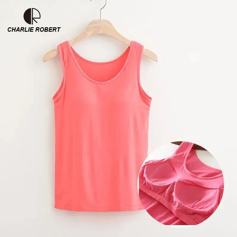 Camis Cr New 2018 Summer Women Modal Tank Tops Built In Bra Padded Bra Casual Tops Soft Plus Size Drop Shipping Y190123