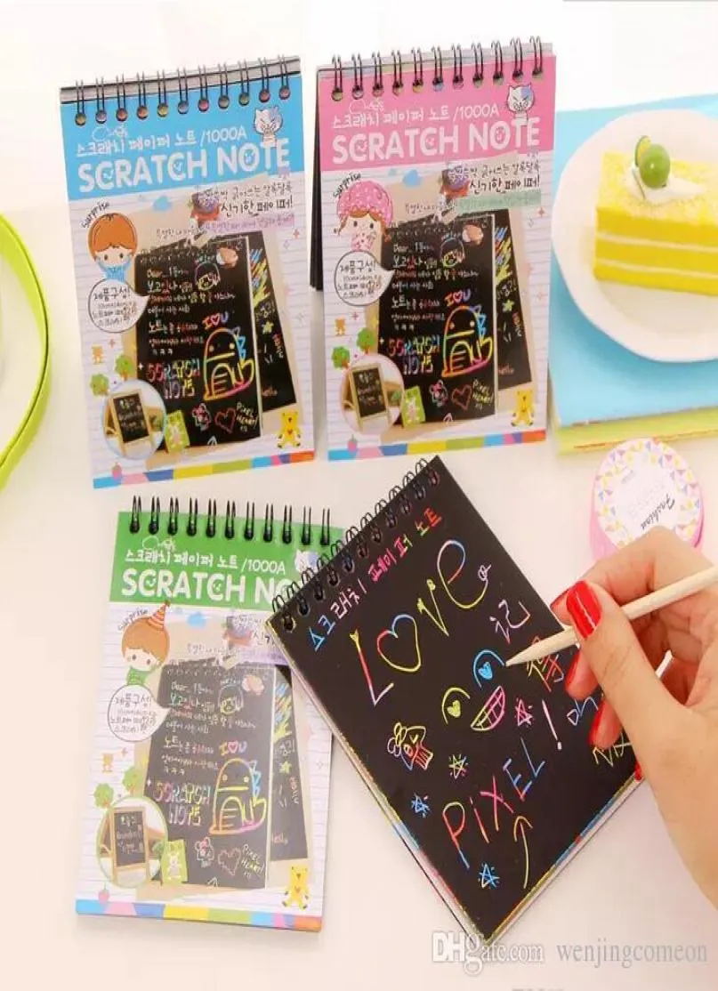 DIY Scratch Art Paper Notebook Opmerking Tekening Stok Schetsboek Kids Party Gift Creatieve Verbeelding Ontwikkeling Speelgoed Mix kleuren2241549