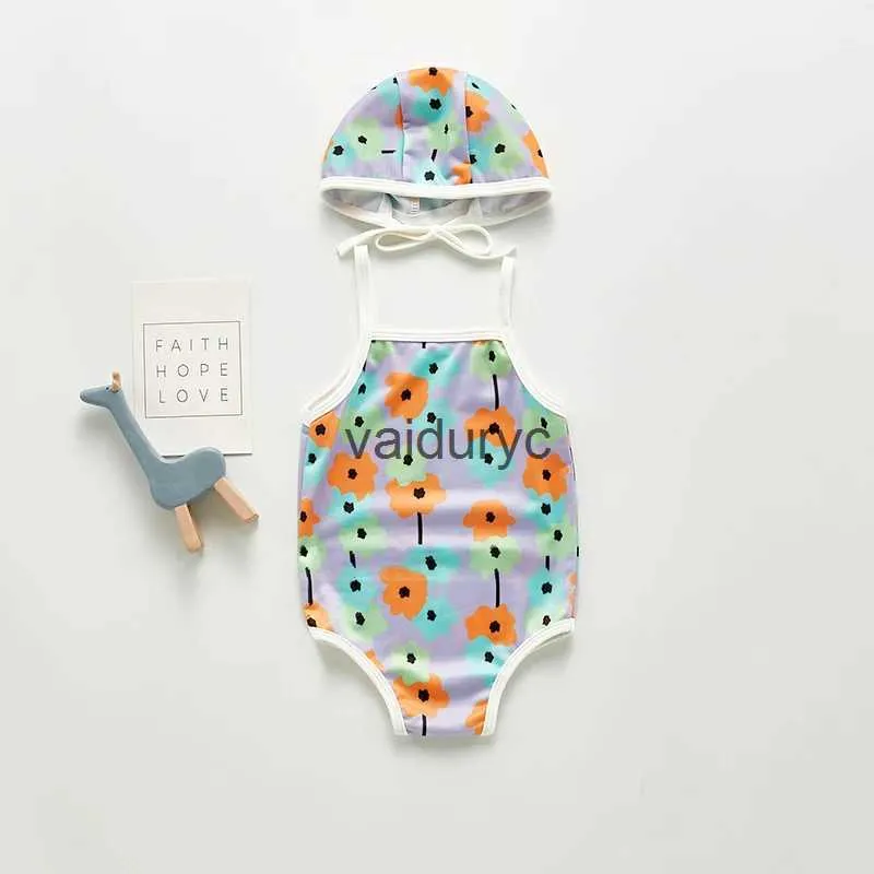 Jednoczęściowe mianol Summer Baby Girl Swim Cute Flower Swimsuit z kapeluszem dziewczyny dla dzieci H240508