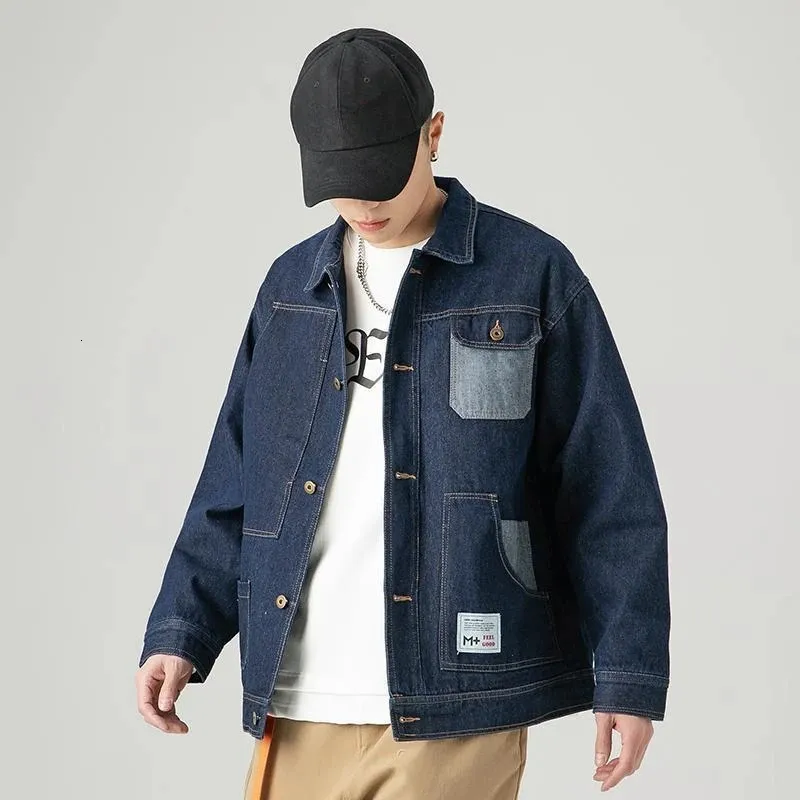 Denim Jackets Man Spliced Blue Cargo Jeans Coat for Men Button Lxury Korea of Fabric in Lowest Price Casual Size L G S 240113