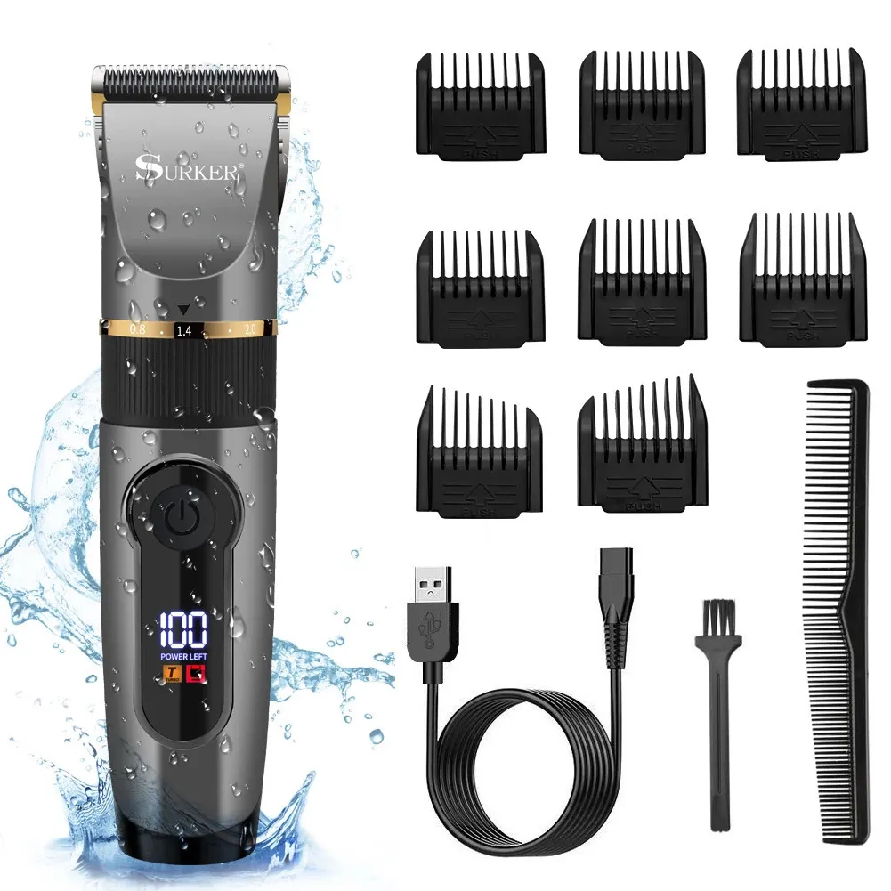 SURKER tondeuse à cheveux professionnelle lame en céramique tondeuse mâle LED affichage coupe de cheveux Machine USB charge 240112