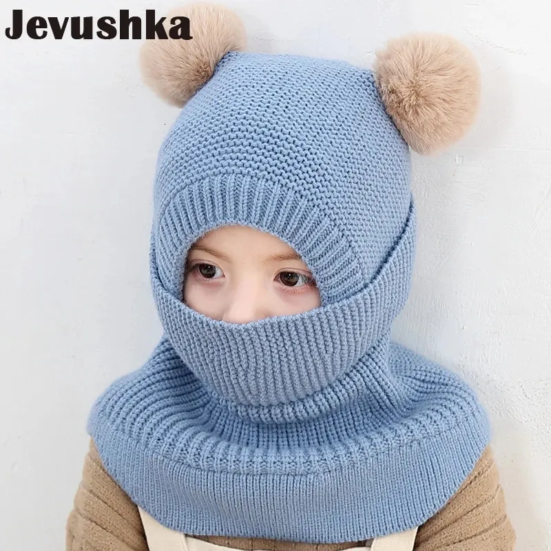 Winter Baby Balaclava Hat PomPom Knit Kids Beanie Hat for Baby Girl and Baby Boy Hat Scarf Double Layer 240113