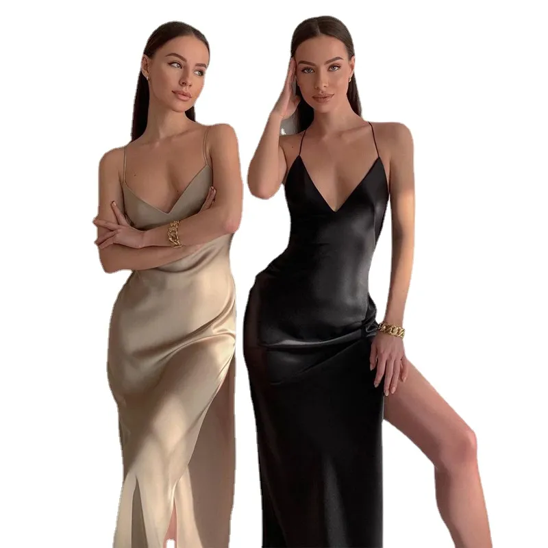 Heta försäljning av produkter från Europa och Amerika för våren/sommaren 2024, ny sexig rygglös V-ringad slitklänning, eleganta kvinnokläder