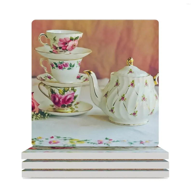 Tapetes de mesa Xícaras de chá de porcelana vintage e porta-copos de cerâmica (quadrado) Conjunto de café para comer