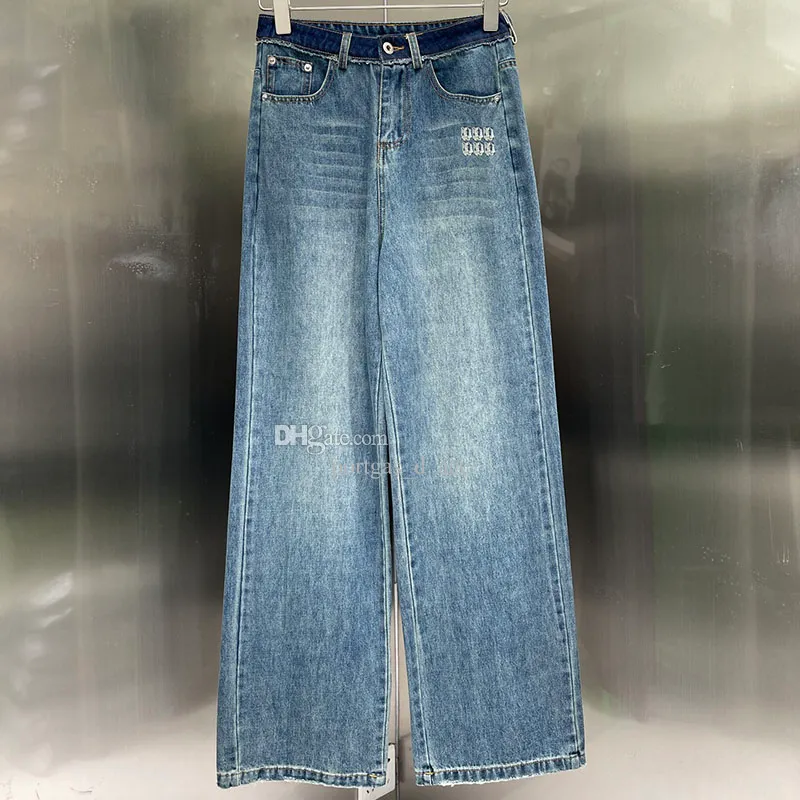 Calça jeans feminina com letras de cinto, designer de luxo, perna larga, casual, diária, azul