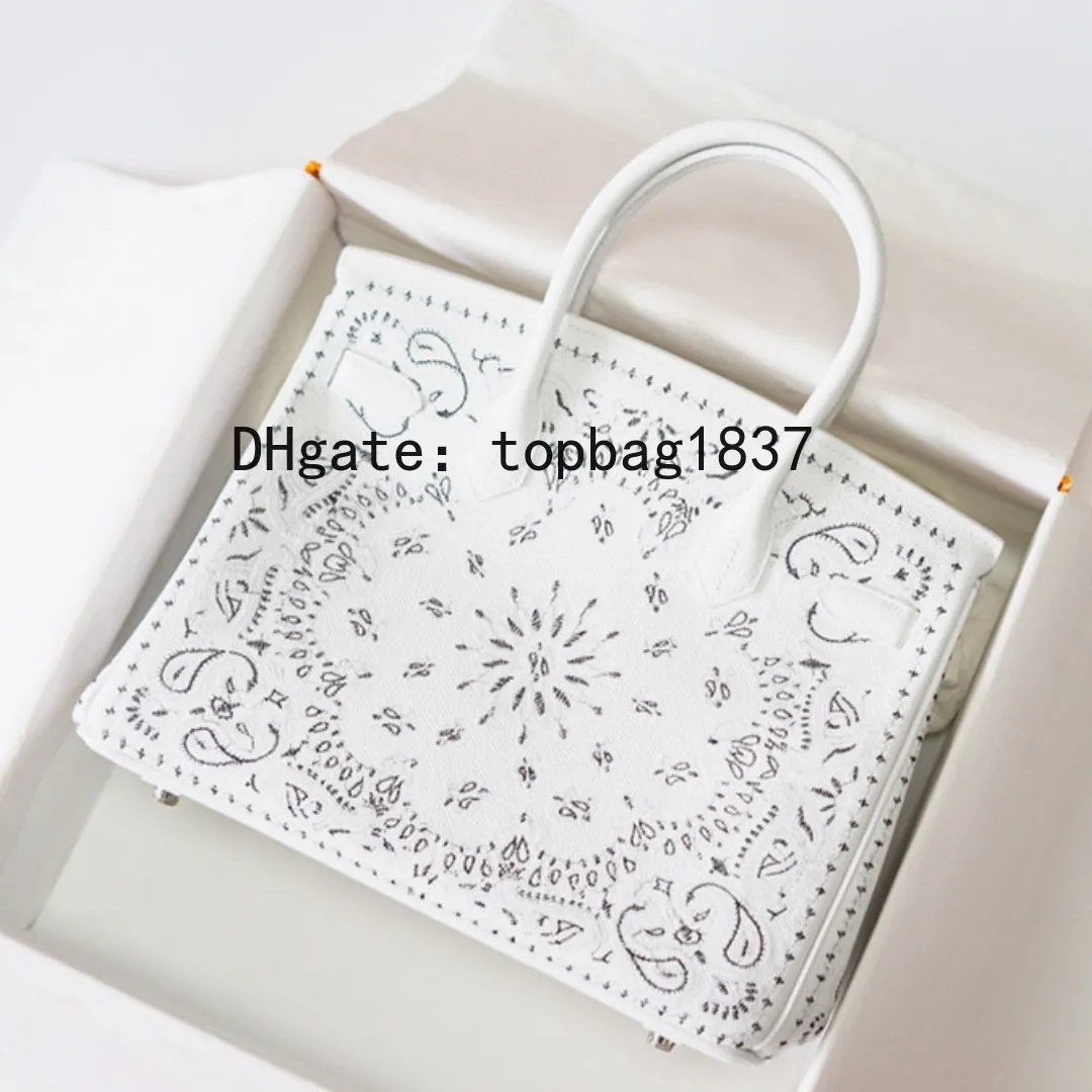 Designer tote bag 30cm 10A mirror quality white total Handmade Embroidery Limited style handbag cloth patchwork special customized style with original box