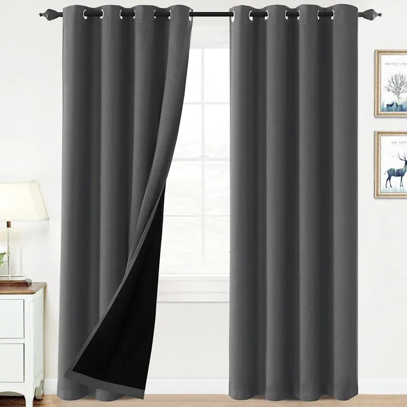 Thermal Insulated 100% Blackout Curtains for Bedroom with Black Liner Full Room Darkening Noise Reducing Grommet Curtain Panels 240113