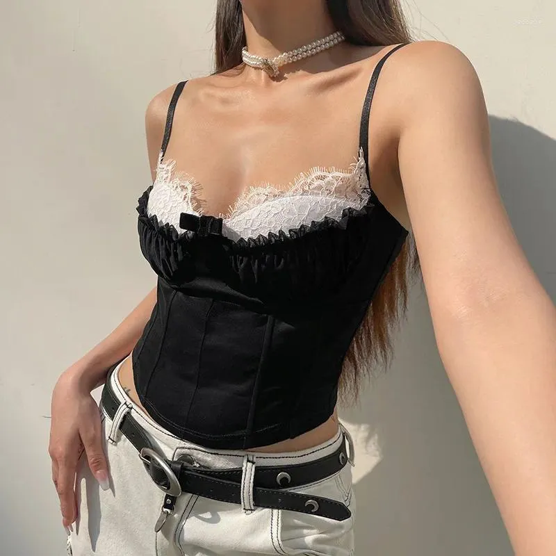 Women's Tanks White Lace Corset Tops Japanese 2000s Style Y2k Vest Coqueclothes Sexy Tank Tube Top Cute Camisas And Black Patchwork