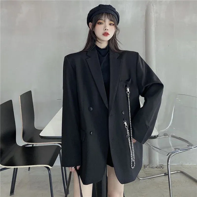 Femmes mode Double boutonnage lâche Blazer coréen haute rue à manches longues costume veste noir col cranté dames vêtements d'extérieur 240113