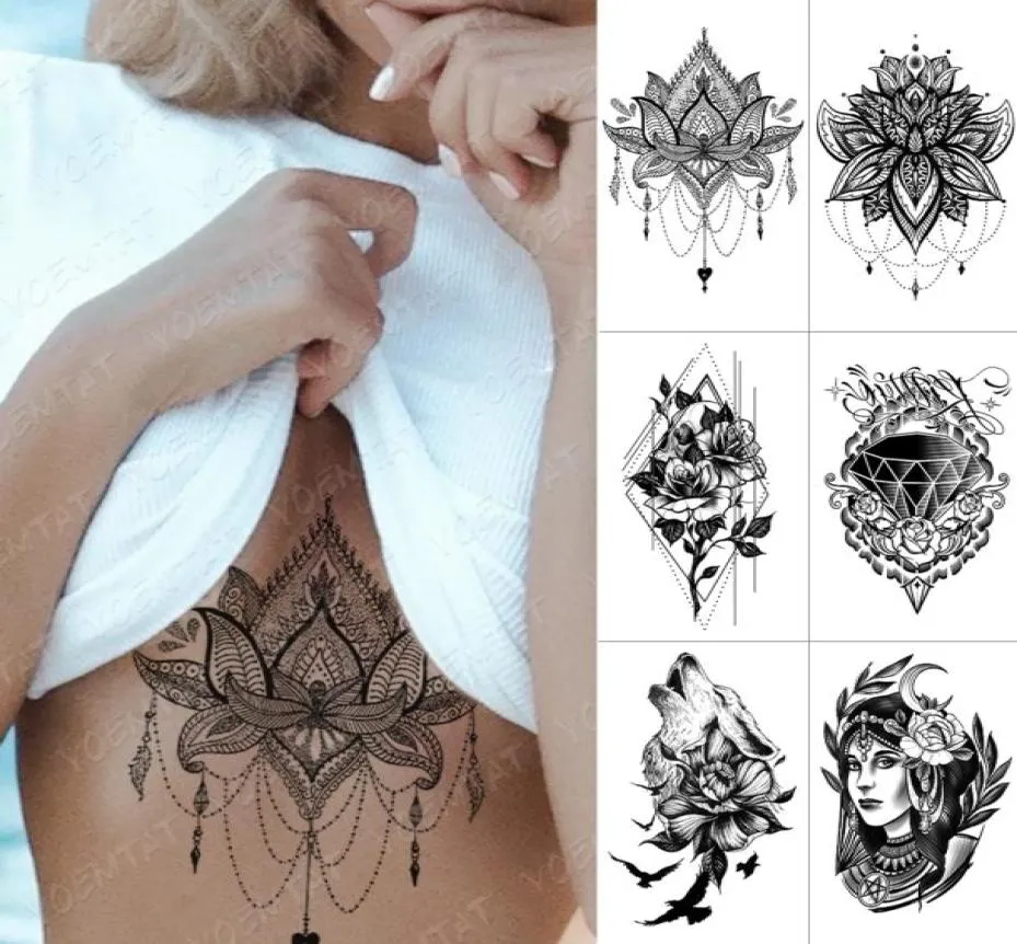 Autocollant de tatouage temporaire imperméable poitrine dentelle henné Mandala Flash tatouages loup diamant fleur corps Art bras faux tatouage femmes hommes 9738403