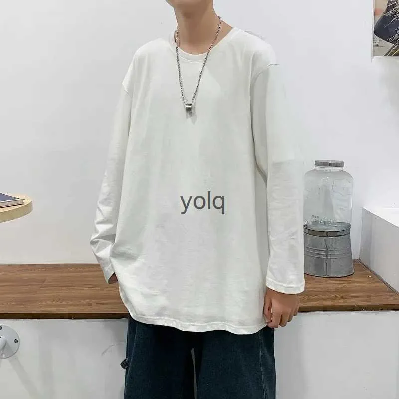 Herr t-shirts ny långärmad t-shirt för man japan stil lös 100% bomullstoppar o-ne streetwear t shirt solid full ärm teesyolq