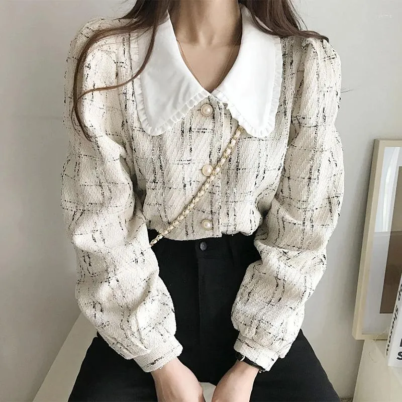 Women's Jackets WDMSNA Chic Retro Plaid Women Jacket Doll Collar Single Row Pearl Buckle Loose Ladies Puff Sleeve Tweed Short Coat Female