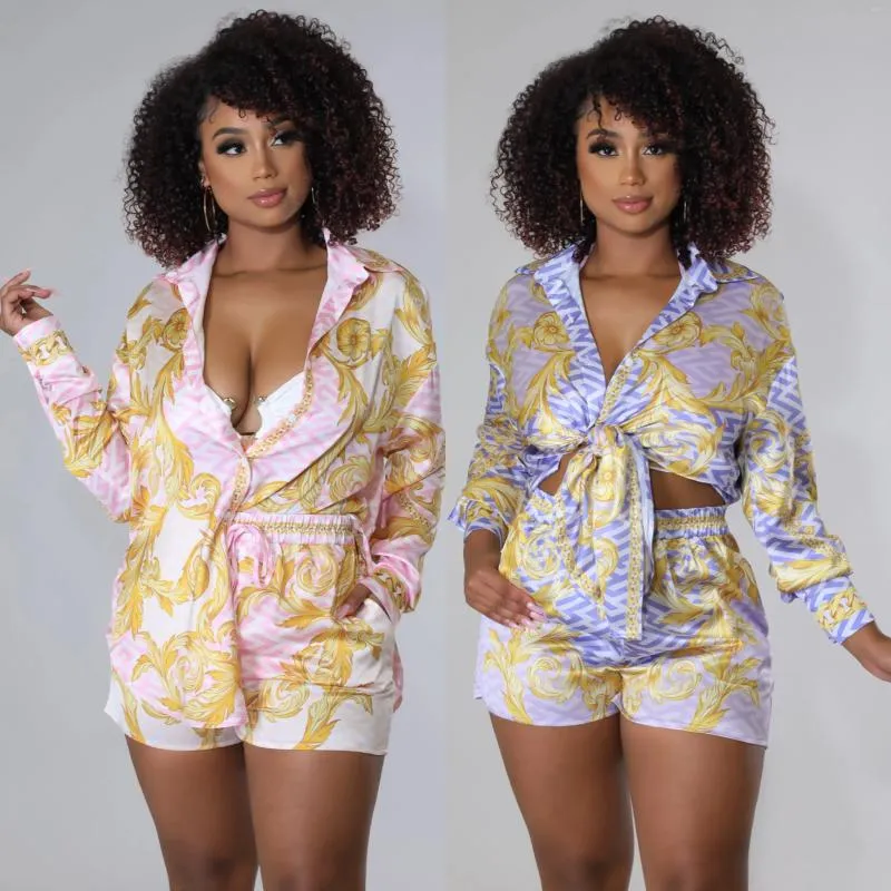 Women's Tracksuits Cross Border European And American Casual Rich Color Printed Single Breasted Shirt Long Sleeve Shorts Two Piece Set