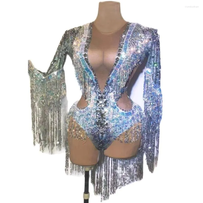 Bühnenkleidung Funkelnder silberner Damen-Stretch-Tanz-Body mit Fransen, Club-Bar, Sänger-Trikot, Strass-Pailletten-Quaste, Party-Overall