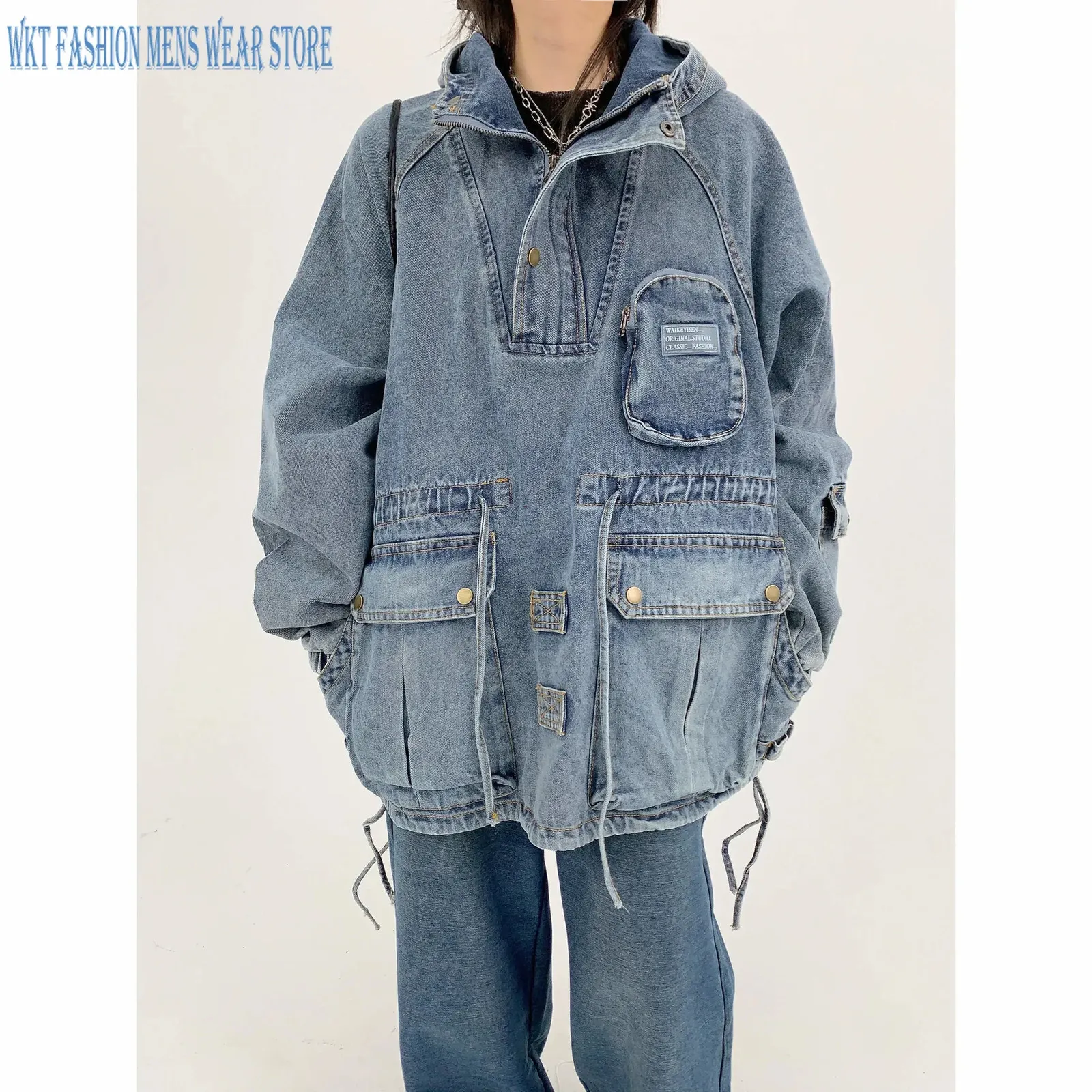 Veste en jean ample rétro loisirs pull pour femmes et hommes manteaux moto manches longueur vêtements d'extérieur décontractés poche Streetwear 240113