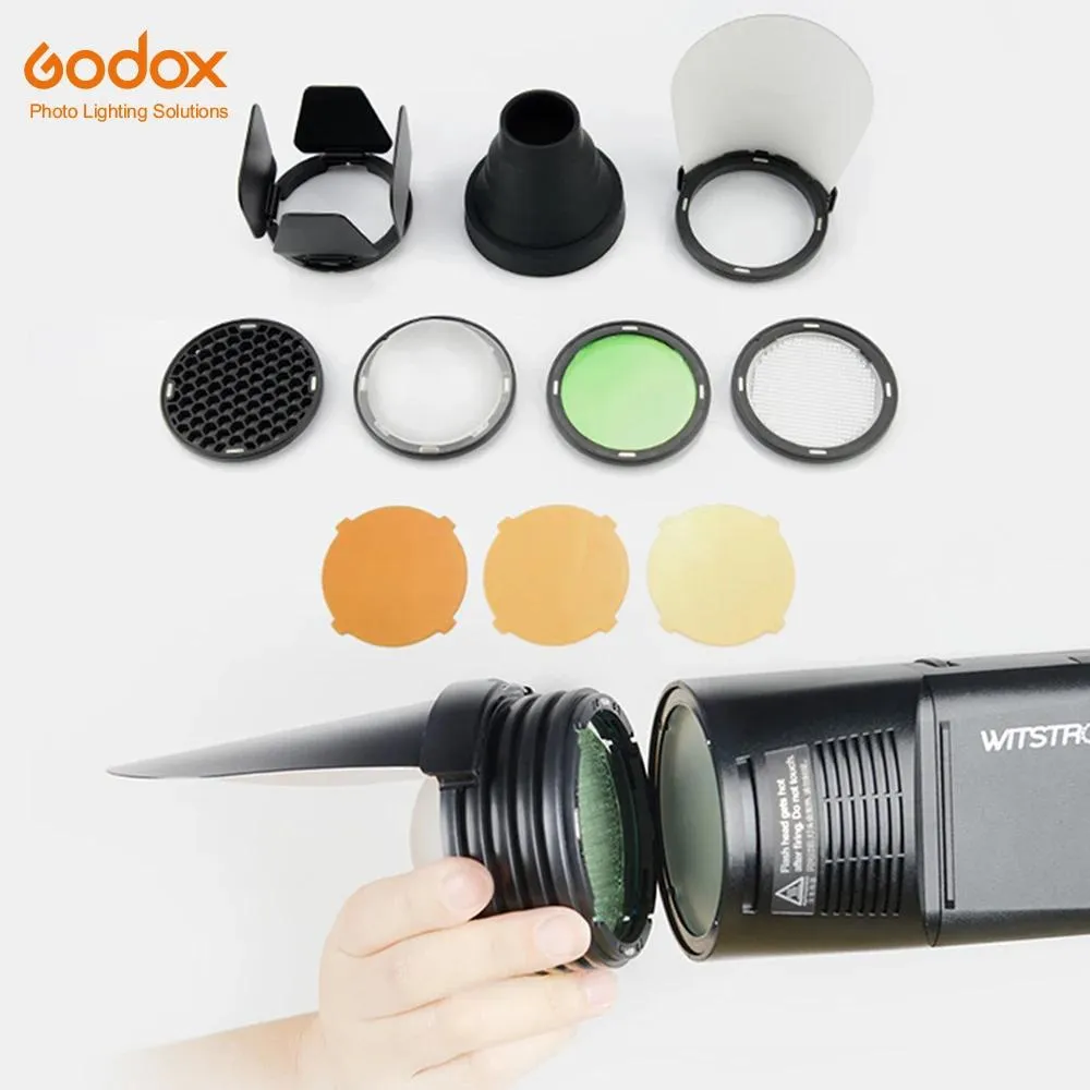 Accessories Godox H200R Flash Head Extension Head with AKR1 Barn Door Snoot Color Filter Honeycomb Diffuser Ball Kits for Godox AD200