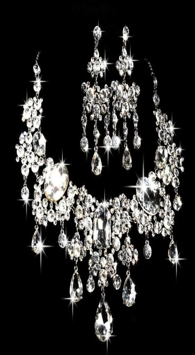 Cristais frisados brilhantes acessórios de casamento colar de diamante conjuntos de joias brincos de noiva strass cristal party7619056