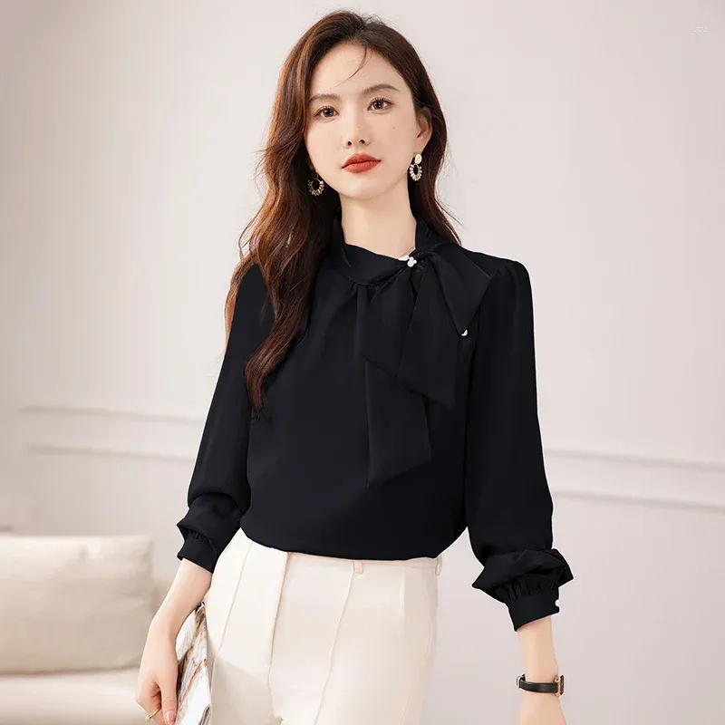 Women's Blouses Satin Shirt Spring/Summer Loose Solid Silk Vintage Ladies Clothing Fashion Long Sleeves Bow Women Tops YCMYUNYAN