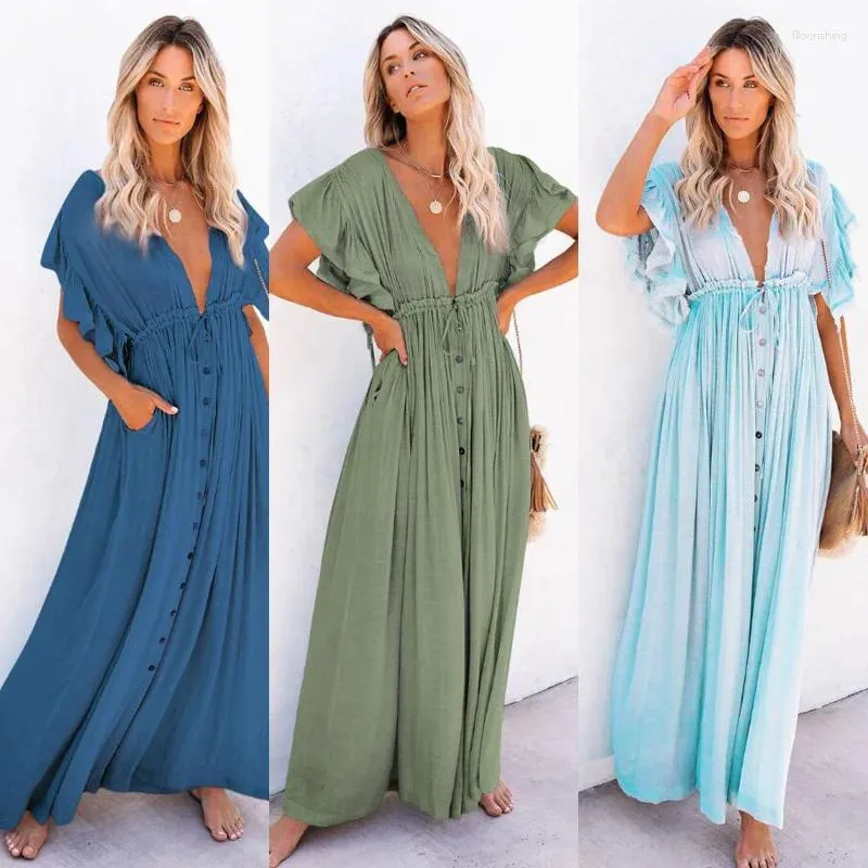 Kadın Mayo Bohem Derin V Boyun Beyaz Uzun Elbise Sırtsız Ruffles Düğmesi Up Pareos Plaj Kapağı Tatil Seksi Slim Maxi Robe