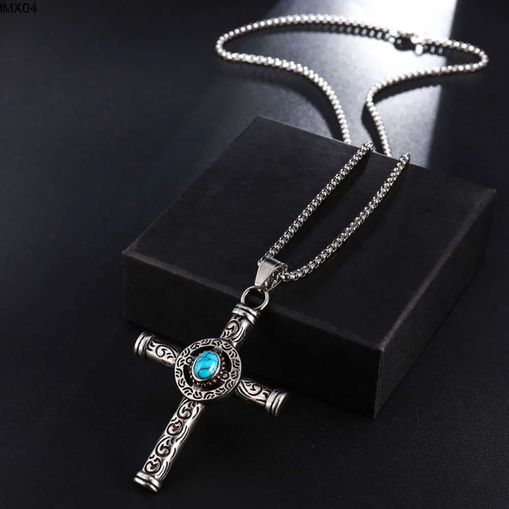 Fashion- Natural Black Blue Turquoises Cross Pendant Halsband Män vintage rostfritt stål Religiös Jesus Crucifix Manliga smycken H2P3