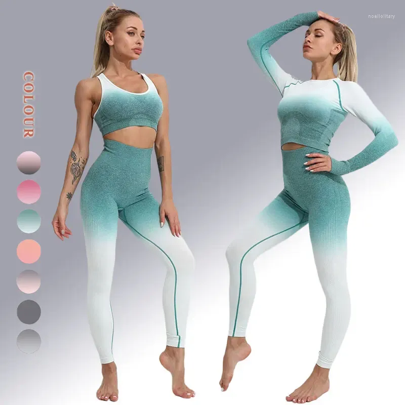 Actieve sets Naadloze yogaset Kleurverloop Sportbeha Shirts met lange mouwen Gymkleding Fitnesspak Heupleggings Damessportkleding