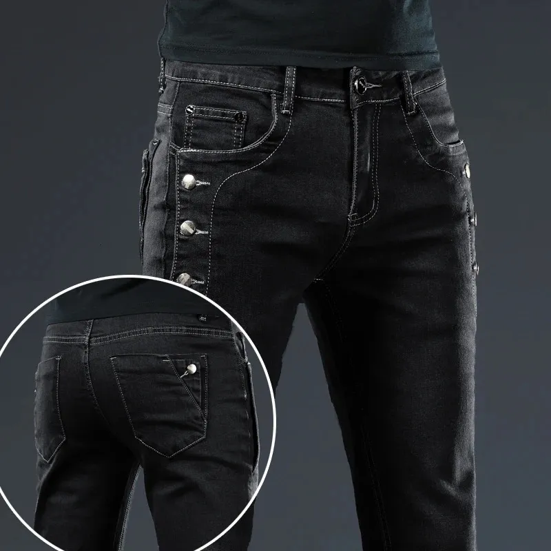 Trendige Herrenbekleidung, schmale schwarze Jeans mit Knöpfen, einfarbig, Stretch-Skateboard, Multibutton, jugendliche männliche Skinny-Denim-Hosen 240113