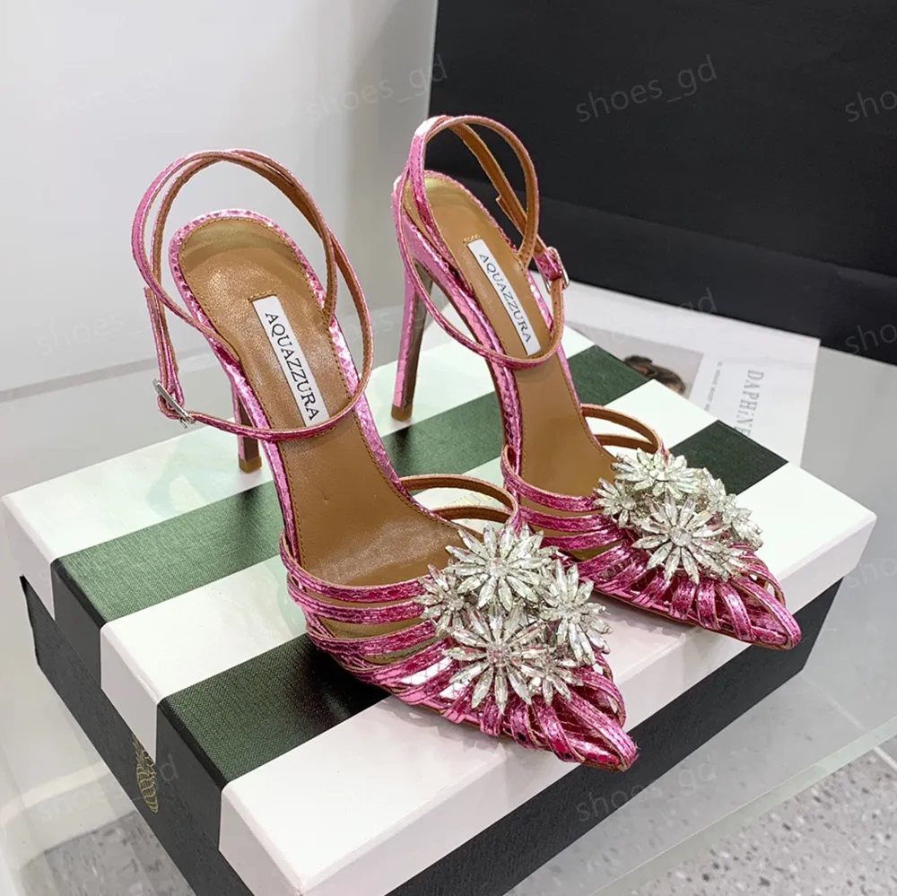 Aquazzura Flower Crystal-Embellished Satin Slingback Sandals Ankle Strap Pumps 105mm Stileetto Heels Women Designer Luxury Sandal Evening Party Wedding Shoes 35-43