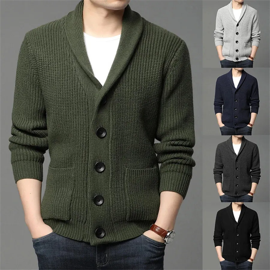 Armee-grüne Strickjacke für Herren, Button-up-Pullover, Herbst-Winter-Strickmantel, dick, warm, lässig, solide Streetwear, Herrenmode, Kleidung 240113