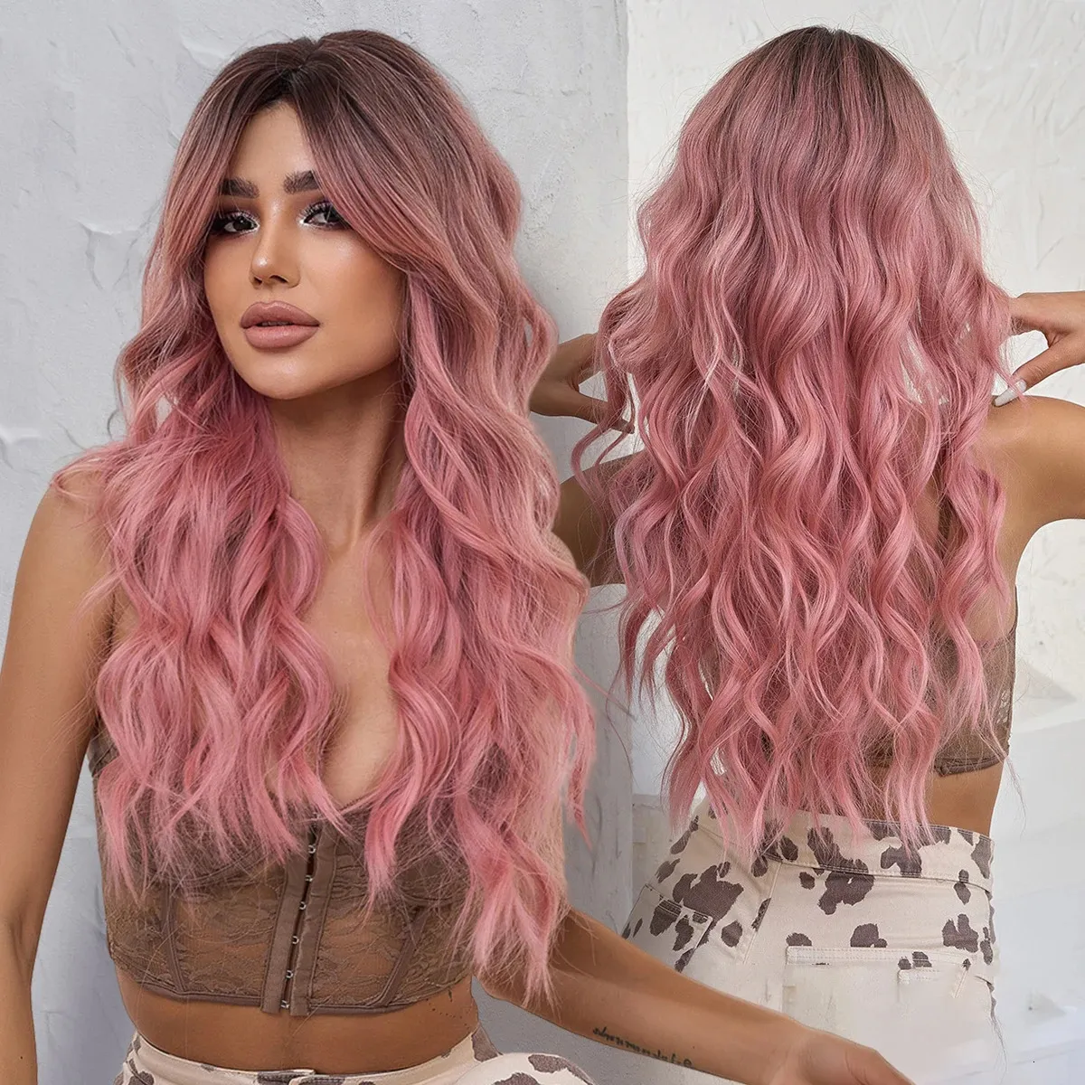 Onenononly rosa s onda longa com franja cosplay para mulheres sintético de alta qualidade festa natural resistente ao calor cabelo 240113