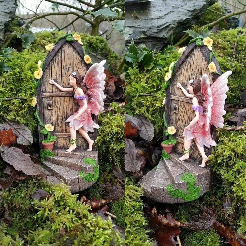 Miniatuur Deur Standbeeld Decor Hars Fee Kloppen Op De Deur Buiten Tuin Standbeeld Hangende Ornament Decoratie 240113