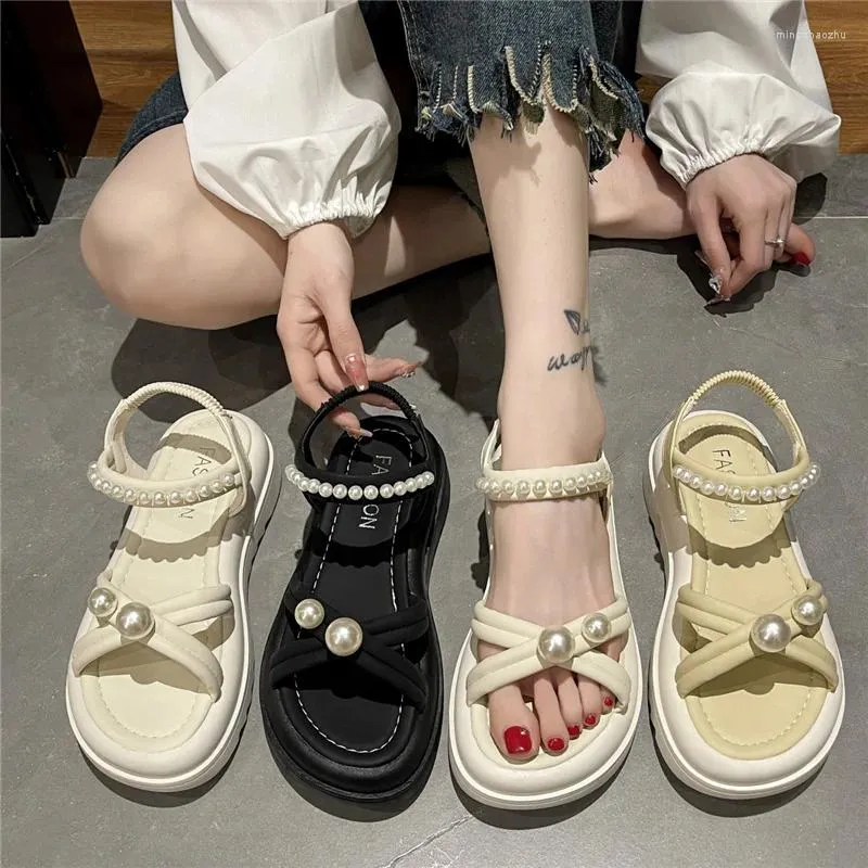 Sandales d'été à plateforme pour femmes, chaussures à cordes et perles, augmentant la hauteur, à la mode, pour l'extérieur, Zapatos Mujer, 2024