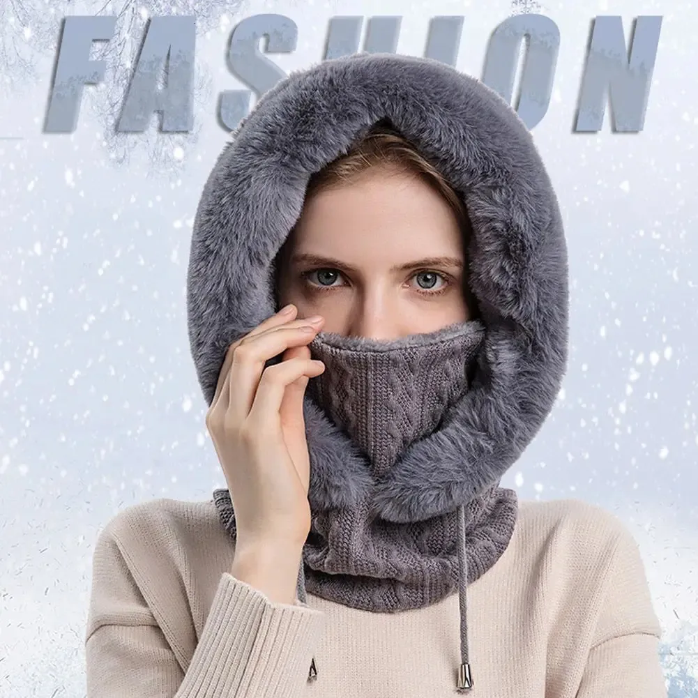 Winter Women 3in1 Knitted Ski Hat With Scarf Neck Warmer Fleece Lined Hood Face Mask Adult Balaclava For Outdoor Sports 240123