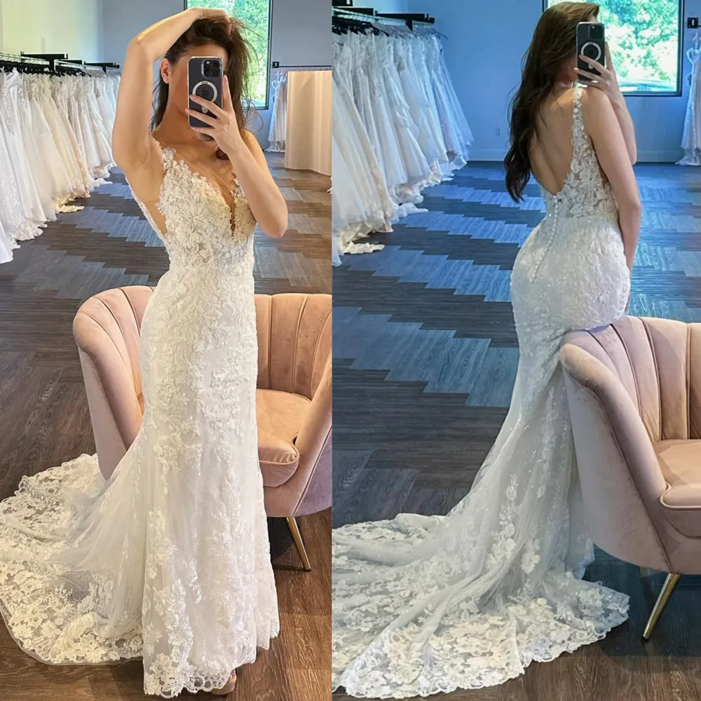 Fulllace Mermaid Wedding Dress 신부 환상을위한 Fulllace Mermaid Wedding Dress Sheer Neck Appiqued Lace V Neck at Back Beaded Wedding Gowns Nigeria Black Women NW026