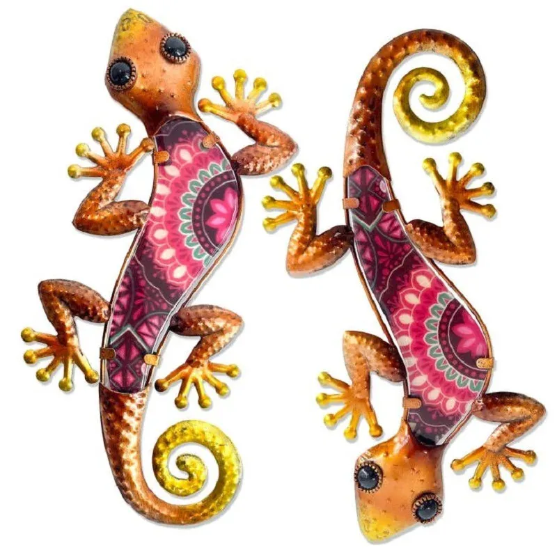 2 PCS Metal Gecko Wall Decoration Outdoor Garden Wall Art Sculpture Statyer of Yard Patio Staket Pool Gift 240113