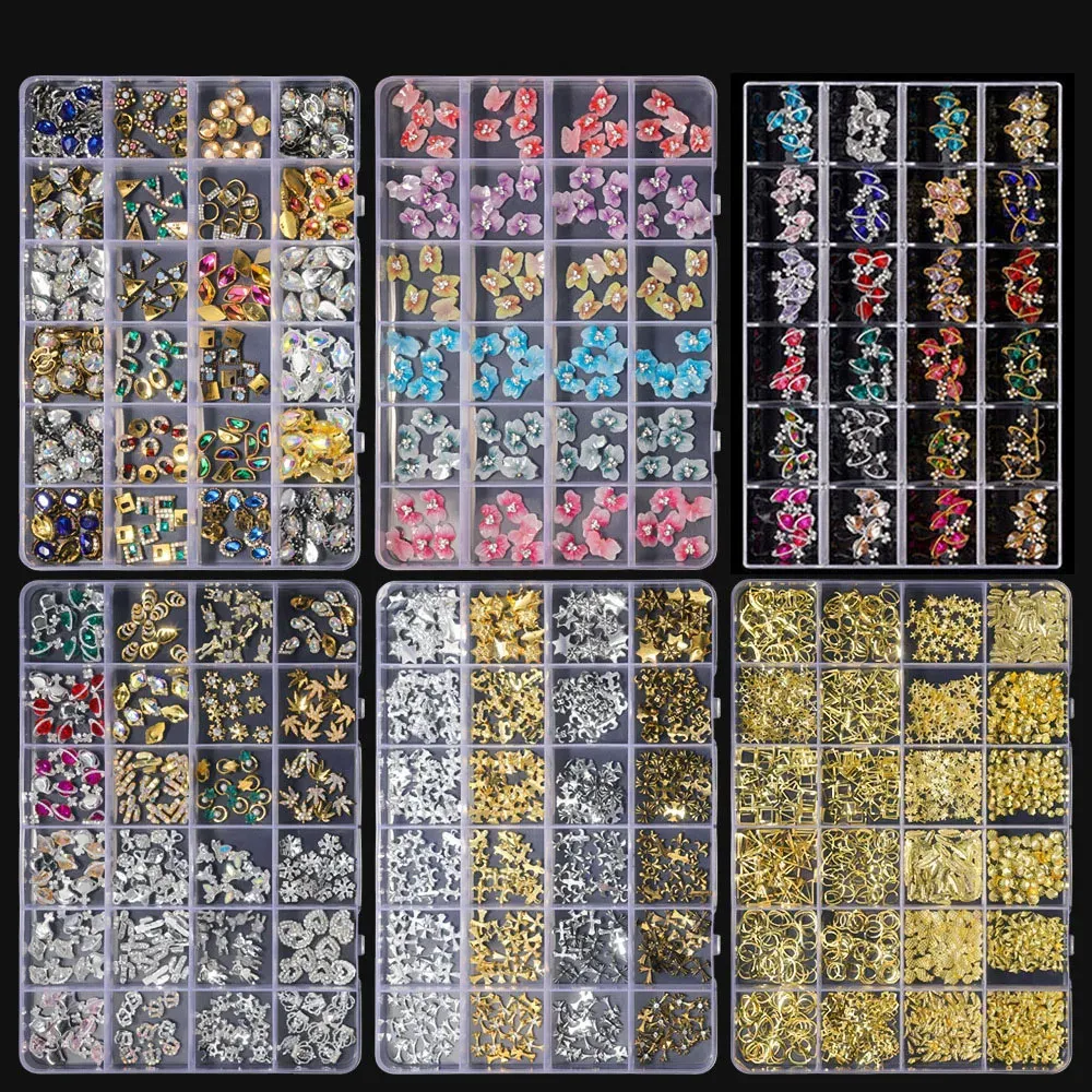 Chunshu 24 Grid Nail Decorations Mieszane retro złoty srebrny klejnot metalowy cyrkon 3D Charms luksusowa planeta diamentowa manicure 240113