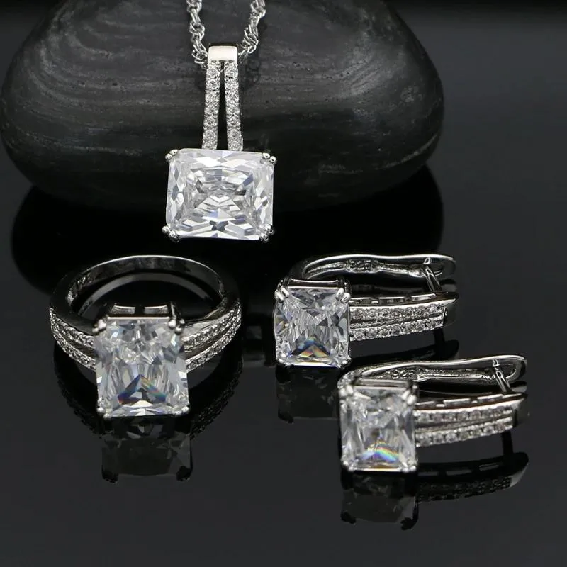 Necklaces Square Cubic Zirconia Sier White Crystal Jewelry Sets for Women Wedding Earrings Pendant Rings Necklace Set