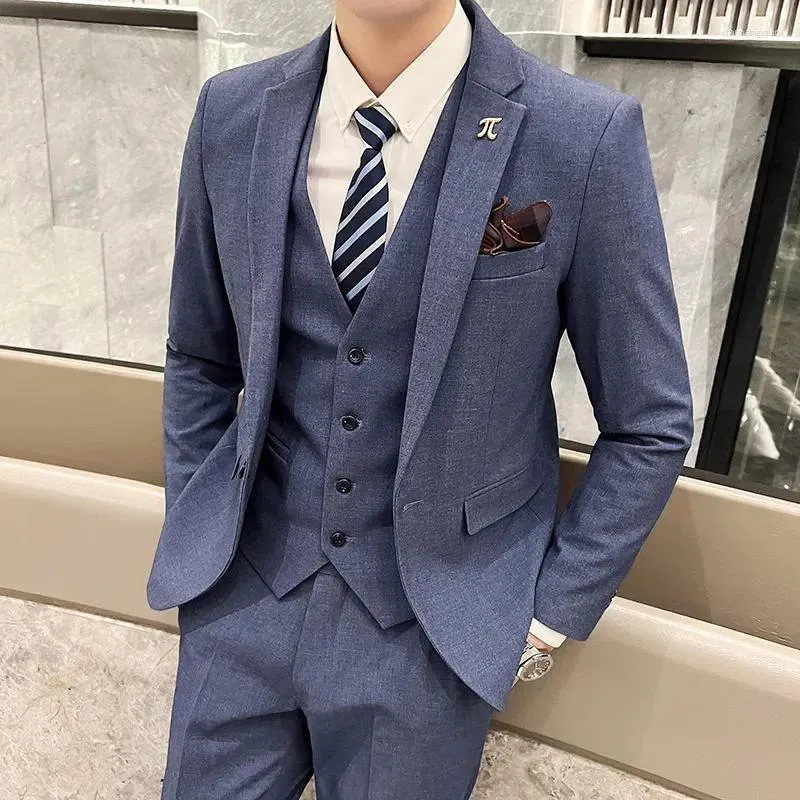 Erkek Suit S-5XL Ceket Yelek Pantolon Butik Düz Renk Sıradan İş Ofisi İnce Erkek Takım Damat Gelinlik Blazer Bel Ceket Pantolon