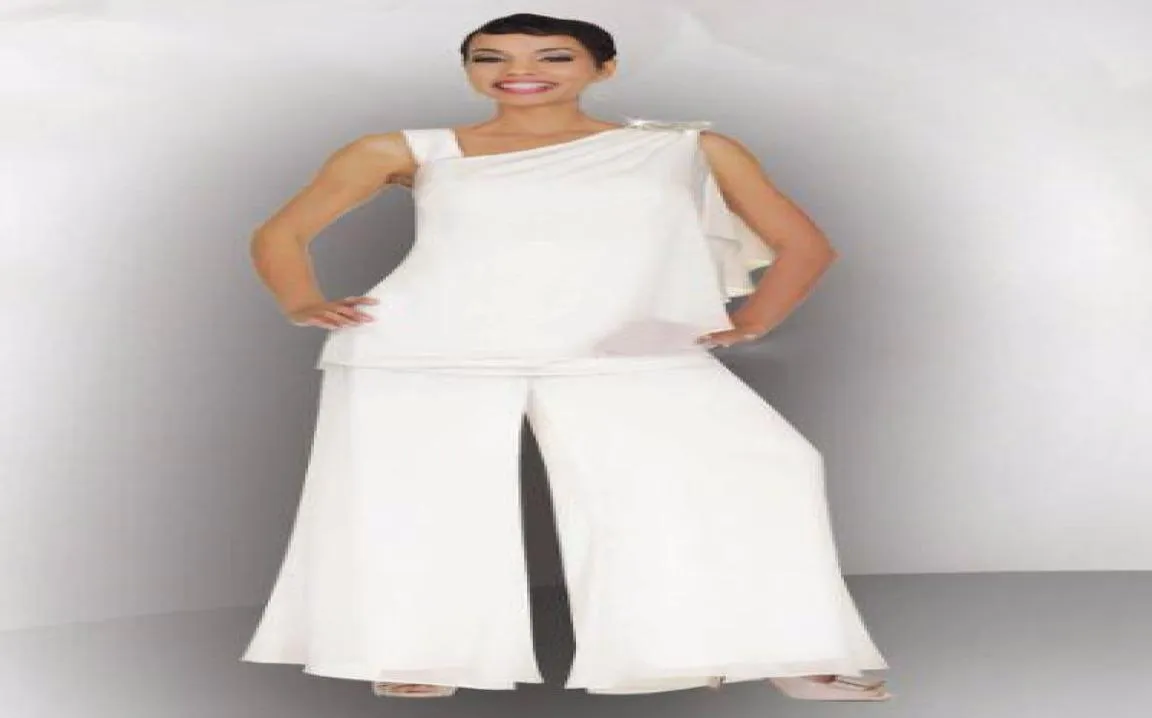 Mãe da noiva noivo calça terno ruched cristal plus size branco chiffon elegante feminino formal casamento convidados vestidos 6300105