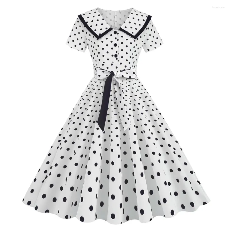 Casual Dresses Black Polka Dot Summer For Women 2024 Robe Vintage 50s 60s Turn-Down Collar Short Sleeve Rockabilly Dress Swing Swing