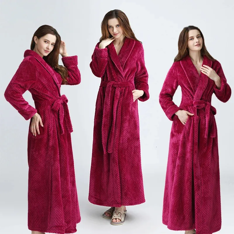 Femmes hommes long chaud peignoir grande taille Jacquard corail polaire thermique Robe de bain hiver robe de chambre flanelle confortable vêtements de nuit 240113