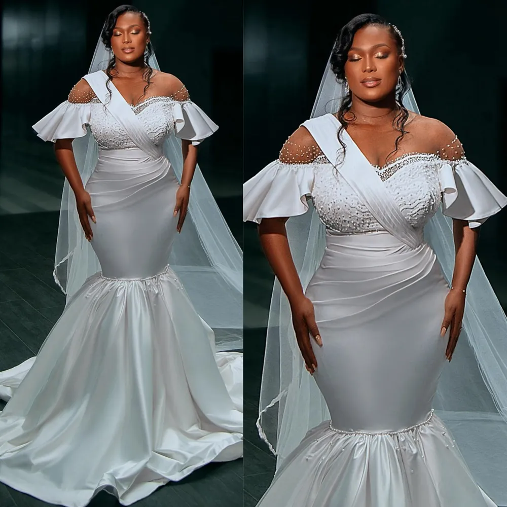 Vestido de novia de sirena de lujo para novia, ilusión, cuello transparente, hombros descubiertos, encaje de tul, vestidos de novia de satén con cuentas para matrimonio para mujeres negras de Nigeria NW028