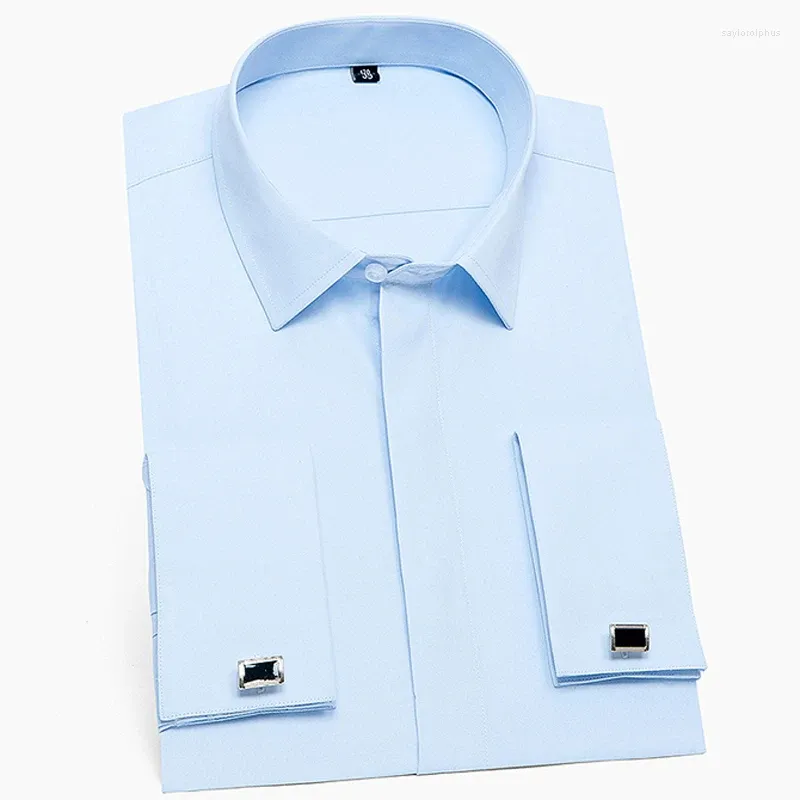 Koszulki męskie francuskie mankiety przednie ukryte guziki Placketowa koszula bez kieszonkowego regularnego biznesu z długim rękawem