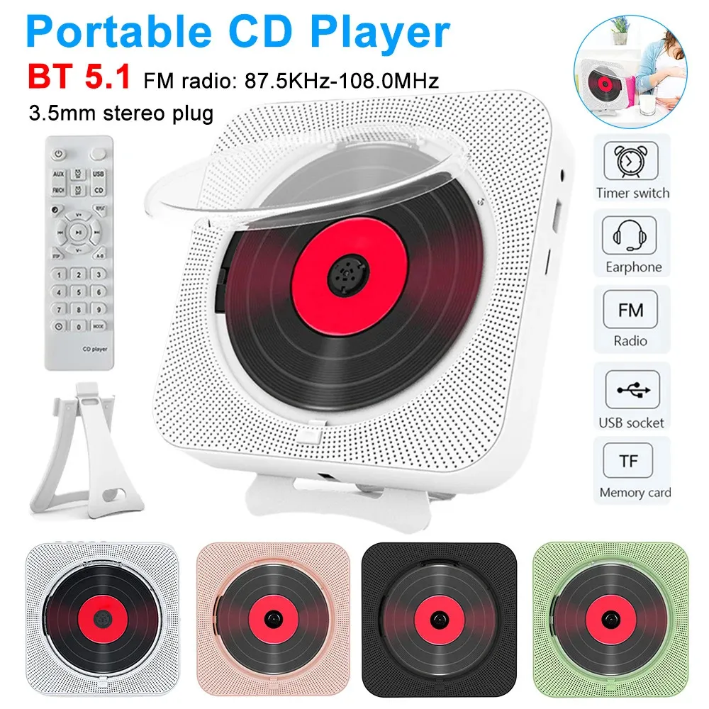 Lecteur de musique CD portable avec support mural Bluetooth 5.1 lecteur de musique FM Radio haut-parleur stéréo lecteurs CD pour étudiants hommes 240113