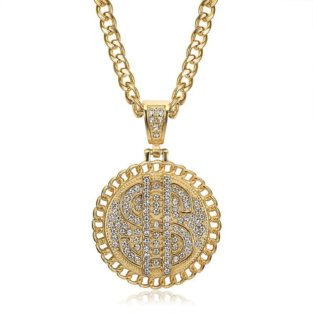 Hip Hop Iced Out Dollar Signes Pendant Male Couleur dorée Male 14K Collier de chaîne cubaine en or jaune pour hommes bijoux haute qualité