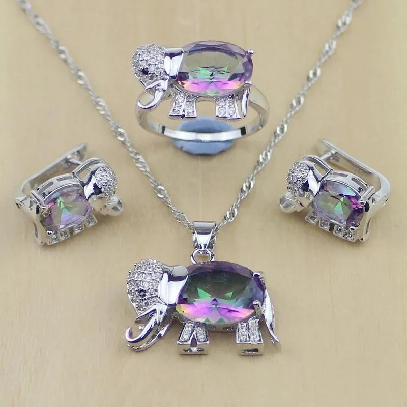 Necklaces Mystic Rainbow Cubic Zirconia Elephant Sterling Sier Jewelry Set for Women Wedding Earrings/pendant/necklace/rings T004