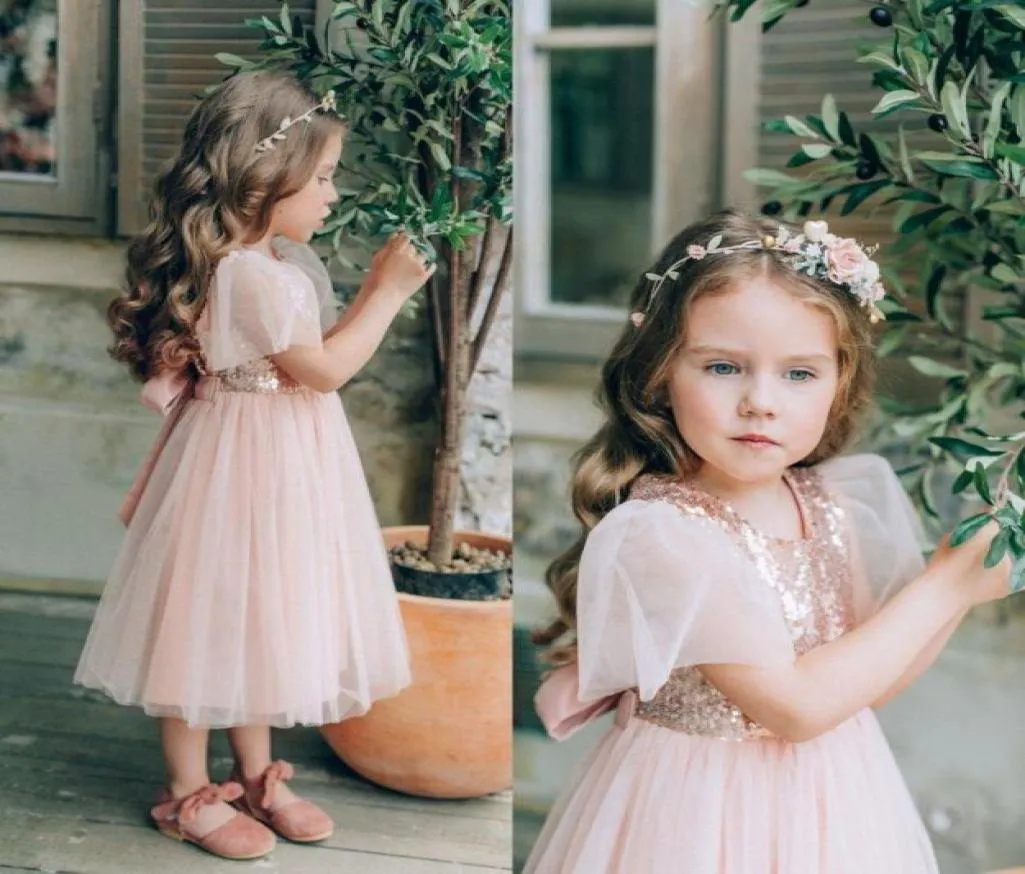 Cute Blush Pink Flower Girl Dresses Sparkly TeaLength Birthday Party Pageant Gown Sequined Formal Wedding Dress7860572