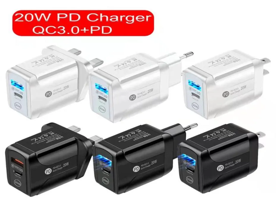 PD 20W USB-Ladegerät-Adapter, tragbar, Dual-Ports, QC30, Typ C, 3A, schneller Telefon-Ladekopf, Wandladeadapter, USEUUK-Stecker für IP9493173